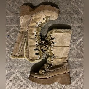 Y2K leather and fur chunky combat boots